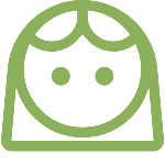 Green cartoon face icon with hair and smile on transparent background