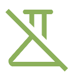 Green line art of a crossed-out science beaker indicating no synthetic ingredients or lab chemicals