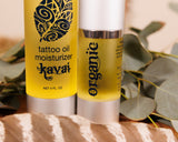 Kiwi Glow Kavai tattoo aftercare oil and organic face oil bottles – cold-pressed, Ayurvedic cured sesame oil for natural SPF and skin healing