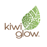 kiwiglow logo, leaf design over brown text